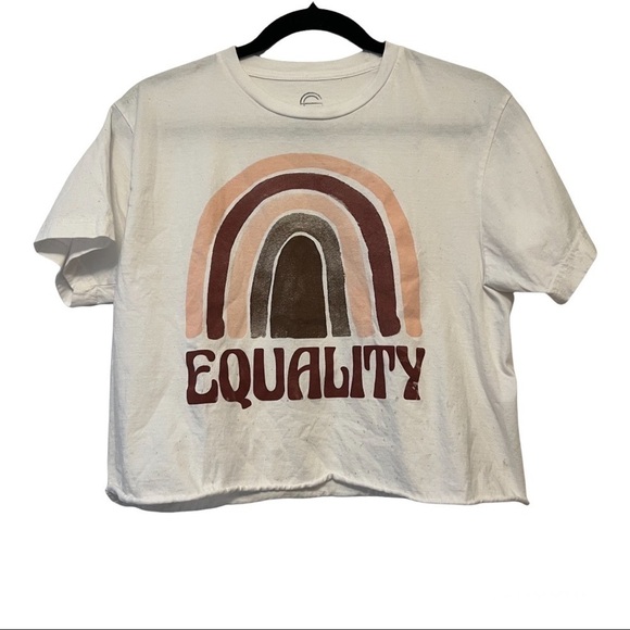 Social Culture White Pink & Brown Equality Rainbow Cropped Shirt - Picture 1 of 5